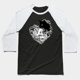 Skull and Black cat with flowers, skeleton with flowers, black and white drawing Baseball T-Shirt